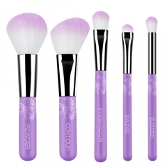 5pcs makeup brush set with purple wooden handle,high quality white synthetic hair
