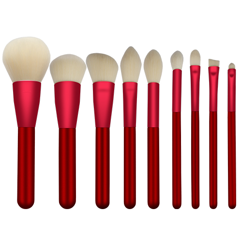 Professional 9pieces makeup brush set with red wooden handle,super soft white synthetic hair