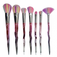7Pcs Unique Design Handle Shape Makeup Brushes Tools Set silver tube Synthetic Foundation Brushes Eyeshadow Blusher (7Pcs Rainbow Hair)