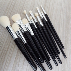 Professional 11pcs makeup brush set  black wooden handle high quality white synthetic bristles