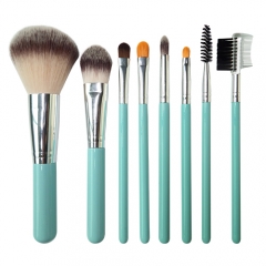 8 pieces travel makeup brush set with cyan wooden handle, high dense synthetic hair