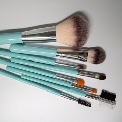 8 pieces travel makeup brush set with cyan wooden handle, high dense synthetic hair