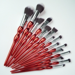 Hot sale 12pieces  makeup brush set with red plastic handle  high quality synthetic hair