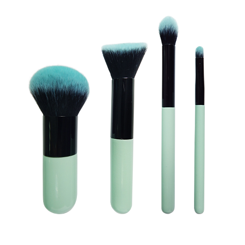 4 pieces travel makeup brush set with cyan wooden handle natural synthetic hair silky and soft