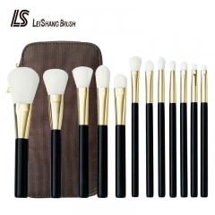 12pcs Professional Makeup Brushes with Black Wooden Handle and natural white Bristles with a cosmetic bag